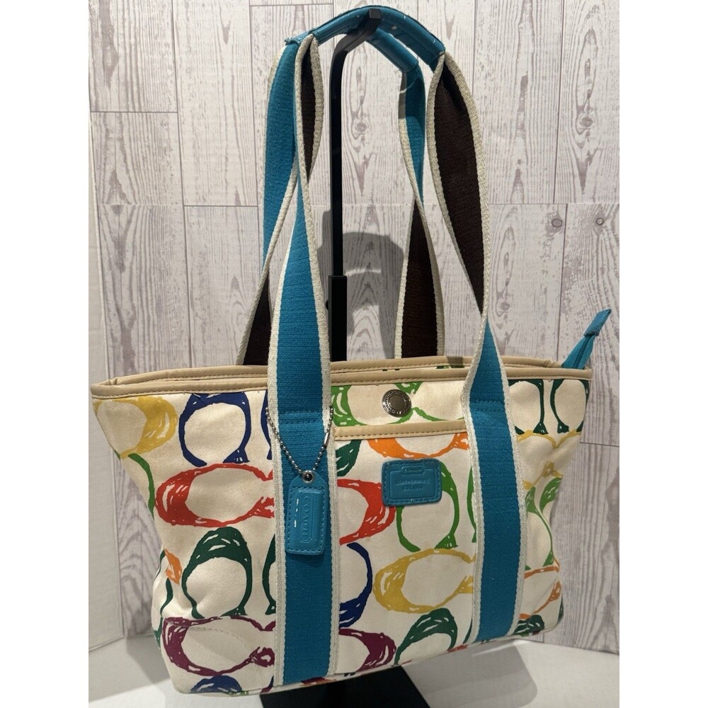 Vintage Y2K Coach 5660 Hampton Scribble Signature Tote Teal Straps Medium Size